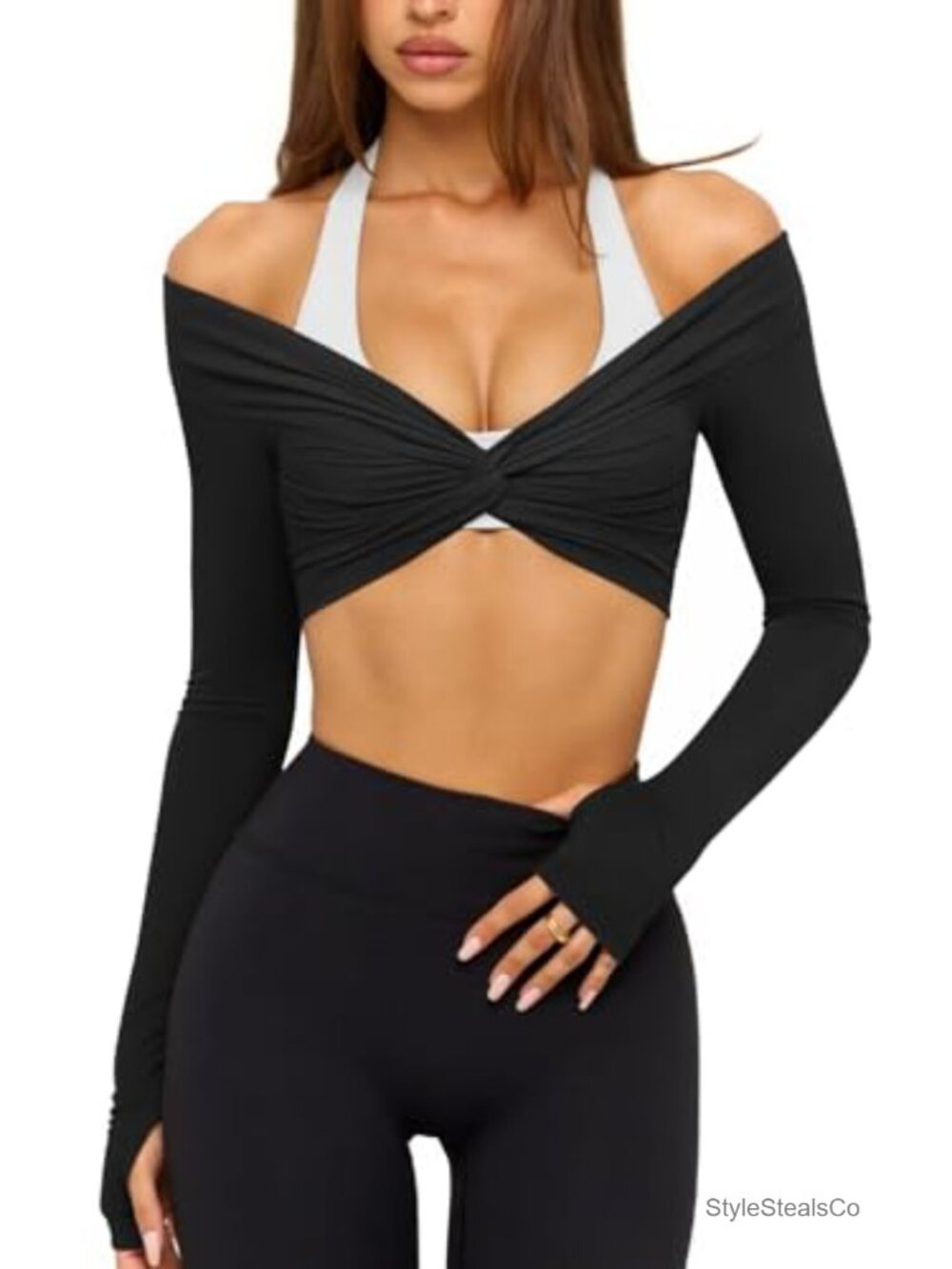 Womens Twist Front Crop Workout Top Long Sleeve Thumb Holes Polyester Spandex